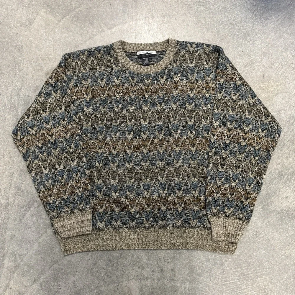 Vintage Men's Brown Sweater Acrylic Geometric Knit Earthtone Crewneck XXL